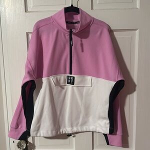 DKNY Sport 1/2 Zip Pink White Black Middle Pocket Bottom Drawstring Pullover M